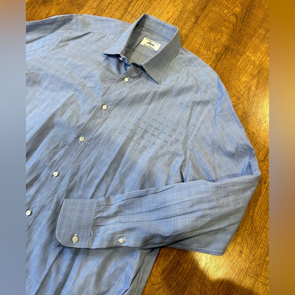 Brioni Dress Shirt Mens L 16 1/2 Blue Button-Down Collar 100% Cotton Made Italy